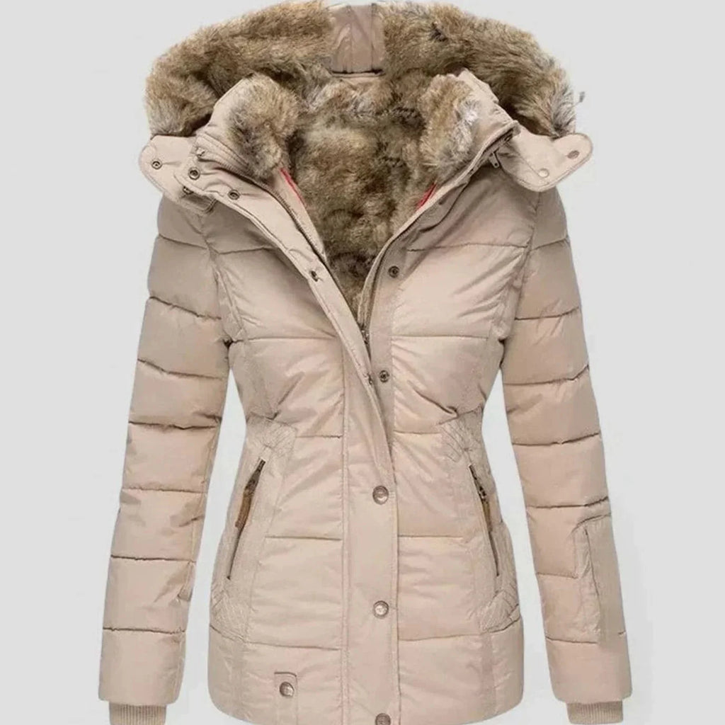 Beige Women's Padded Winter Jacket with Faux Fur Hood & Tailored Fit — Evelyn