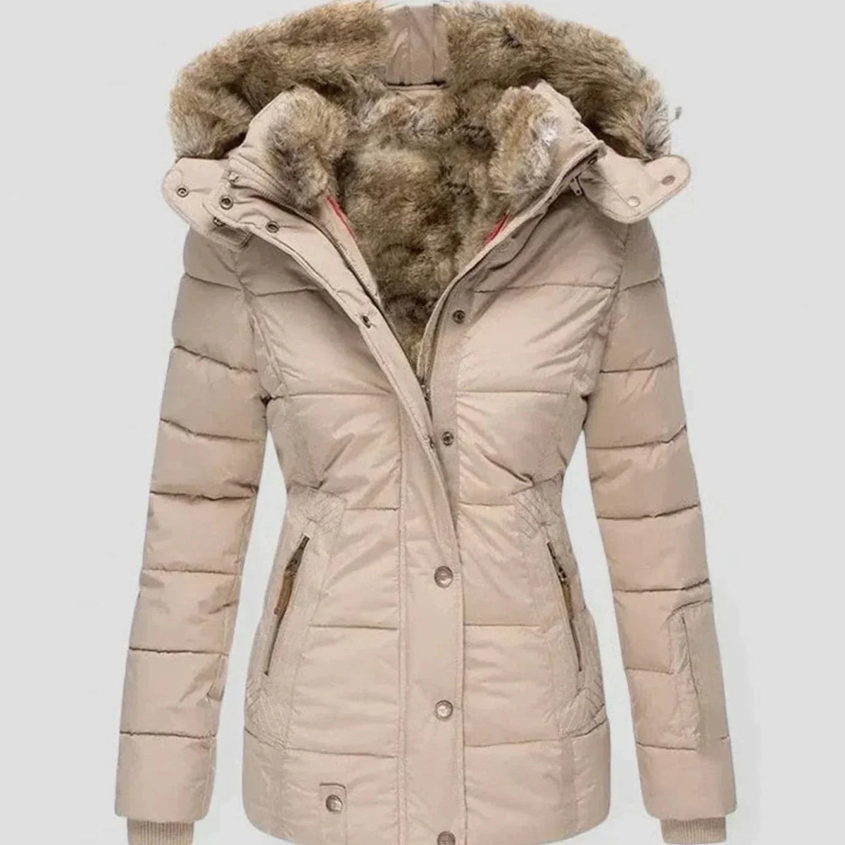 Beige Women's Padded Winter Jacket with Faux Fur Hood & Tailored Fit — Evelyn