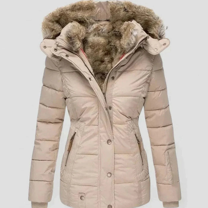Beige Women's Padded Winter Jacket with Faux Fur Hood & Tailored Fit — Evelyn