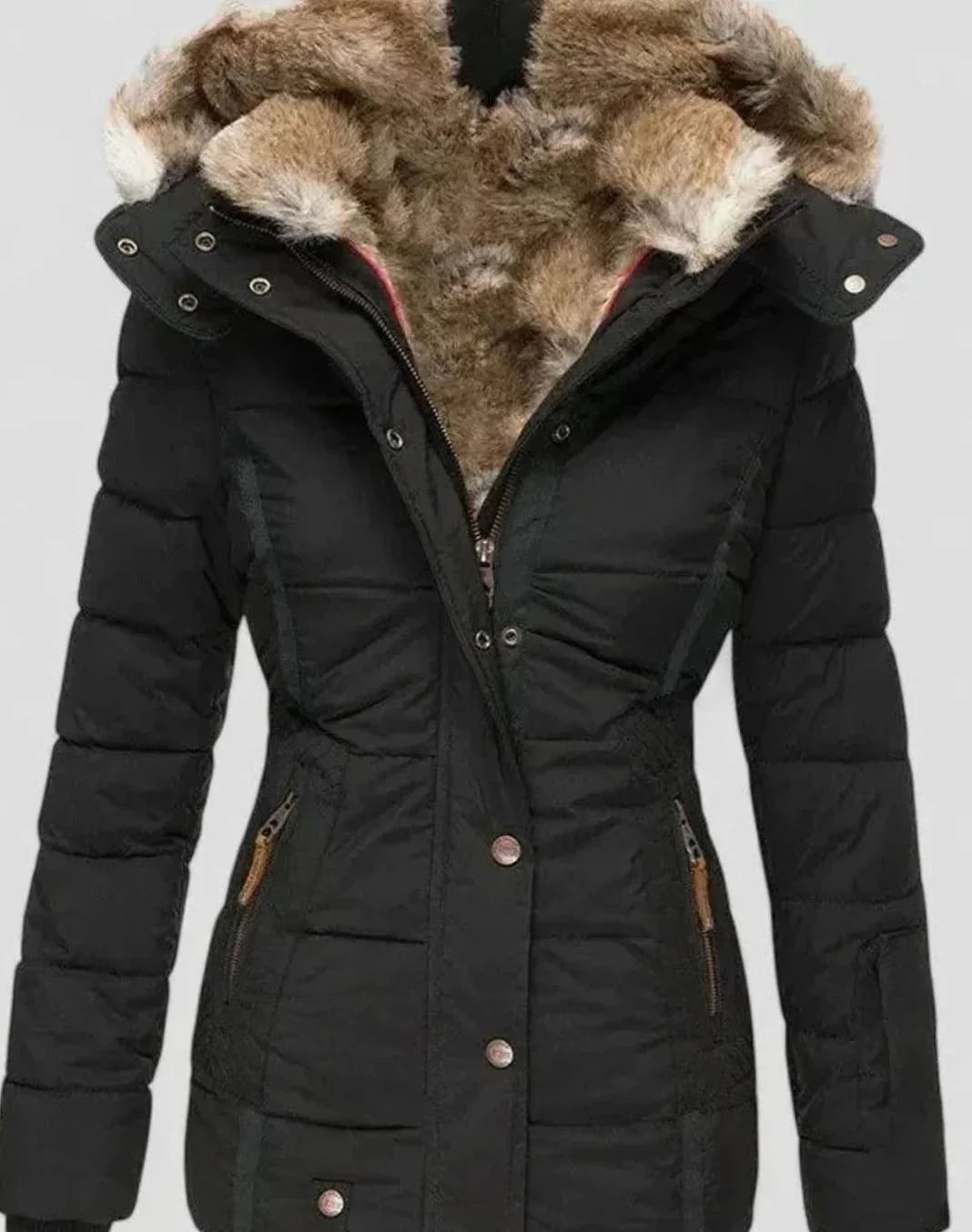Black Women's Padded Winter Jacket with Faux Fur Hood & Tailored Fit — Evelyn