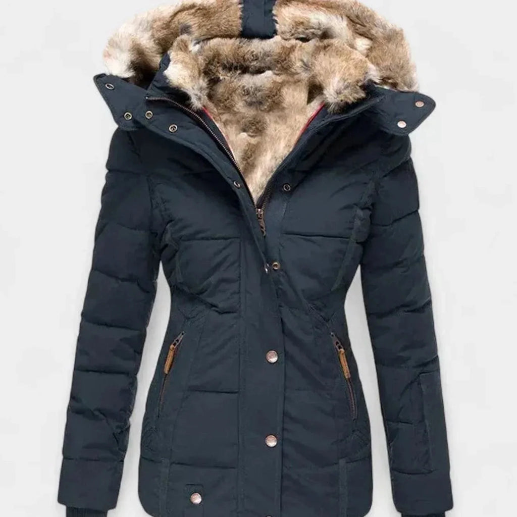 Blue Women's Padded Winter Jacket with Faux Fur Hood & Tailored Fit — Evelyn