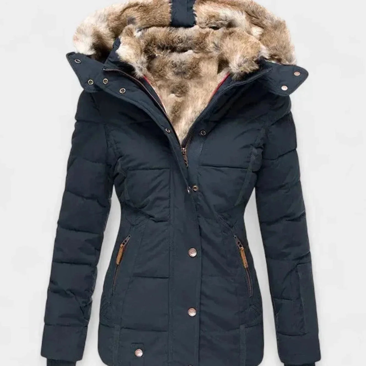 Blue Women's Padded Winter Jacket with Faux Fur Hood & Tailored Fit — Evelyn