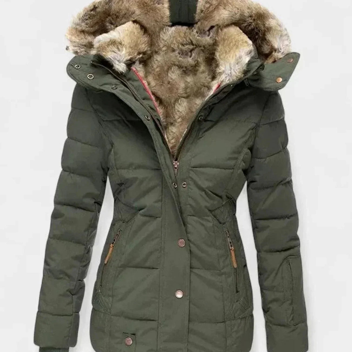 Green Women's Padded Winter Jacket with Faux Fur Hood & Tailored Fit — Evelyn