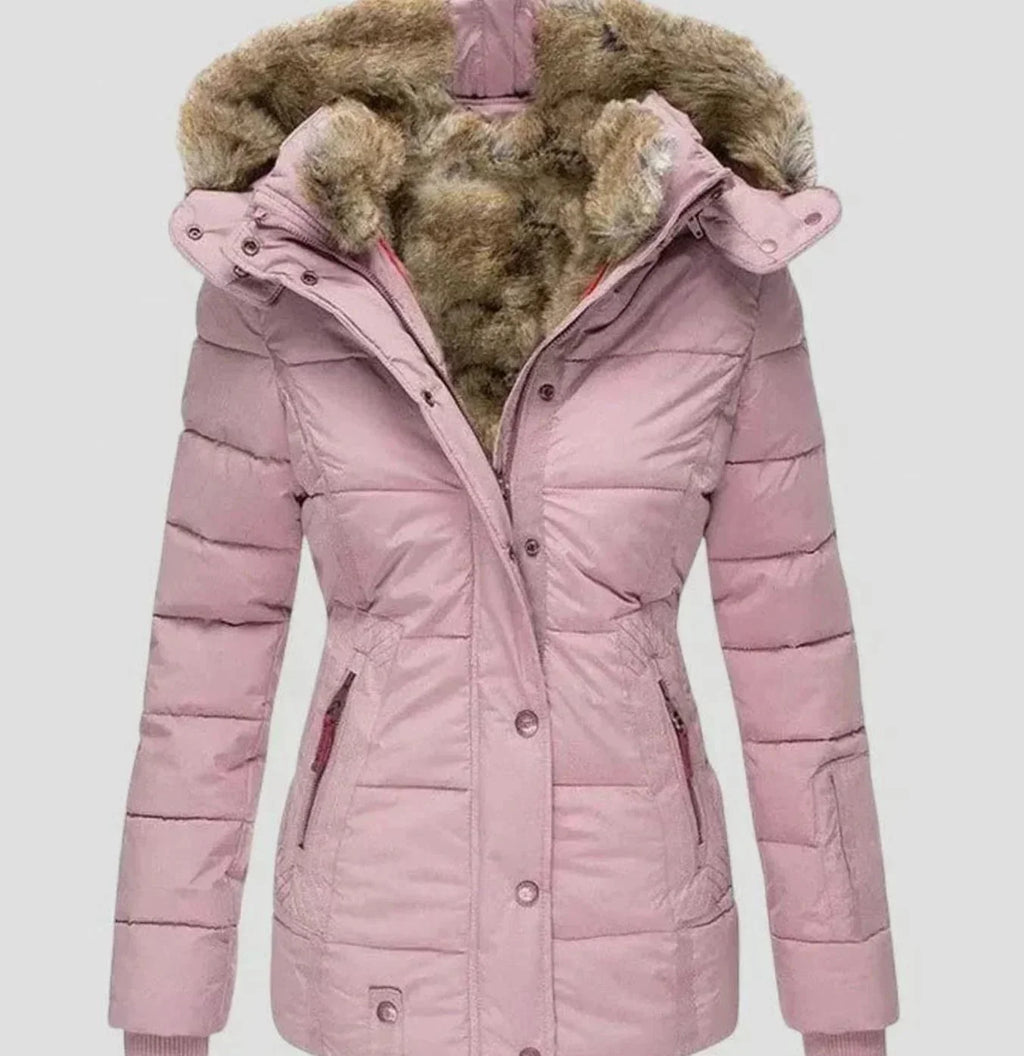 Pink Women's Padded Winter Jacket with Faux Fur Hood & Tailored Fit — Evelyn