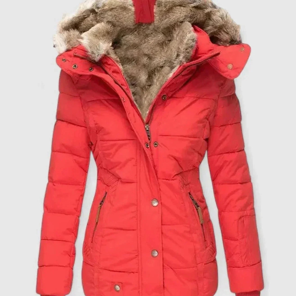 Red Women's Padded Winter Jacket with Faux Fur Hood & Tailored Fit — Evelyn