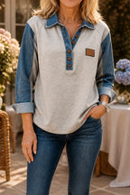 Beige Women's Patchwork Knit Blouse with Denim Collar & Button-Front — Anais