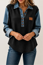 Black Women's Patchwork Knit Blouse with Denim Collar & Button-Front