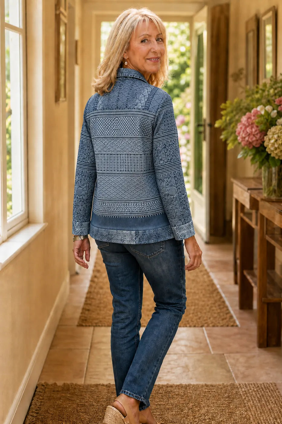 Women's Patchwork Knit Blouse with Denim Collar & Button-Front - Back Full