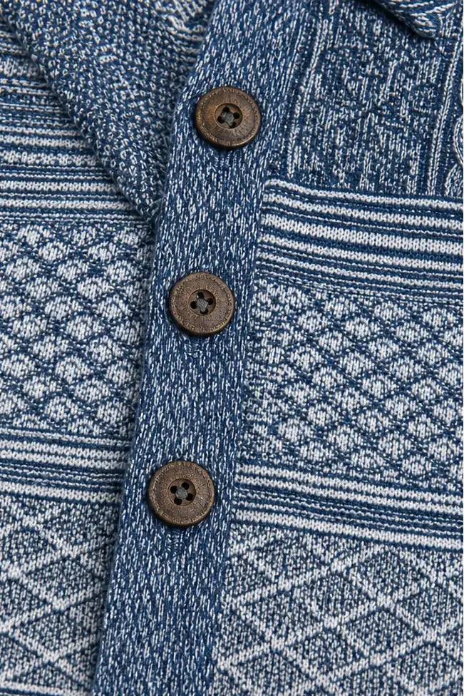 Women's Patchwork Knit Blouse with Denim Collar & Button-Front - Button Placket Detail