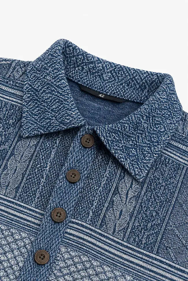 Blue Women's Patchwork Knit Blouse with Denim Collar & Button-Front — Anais - Close Up Collar