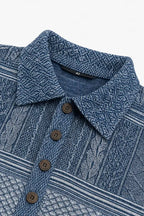 Blue Women's Patchwork Knit Blouse with Denim Collar & Button-Front — Anais - Close Up Collar