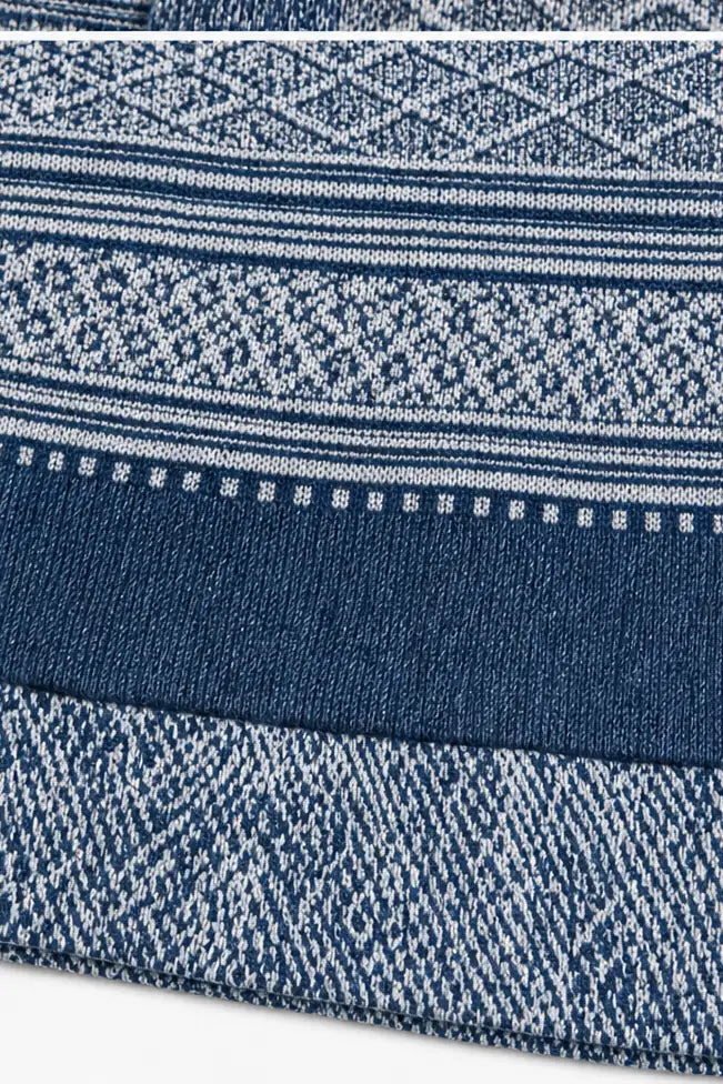 Women's Patchwork Knit Blouse with Denim Collar & Button-Front - Fabric Texture Detail