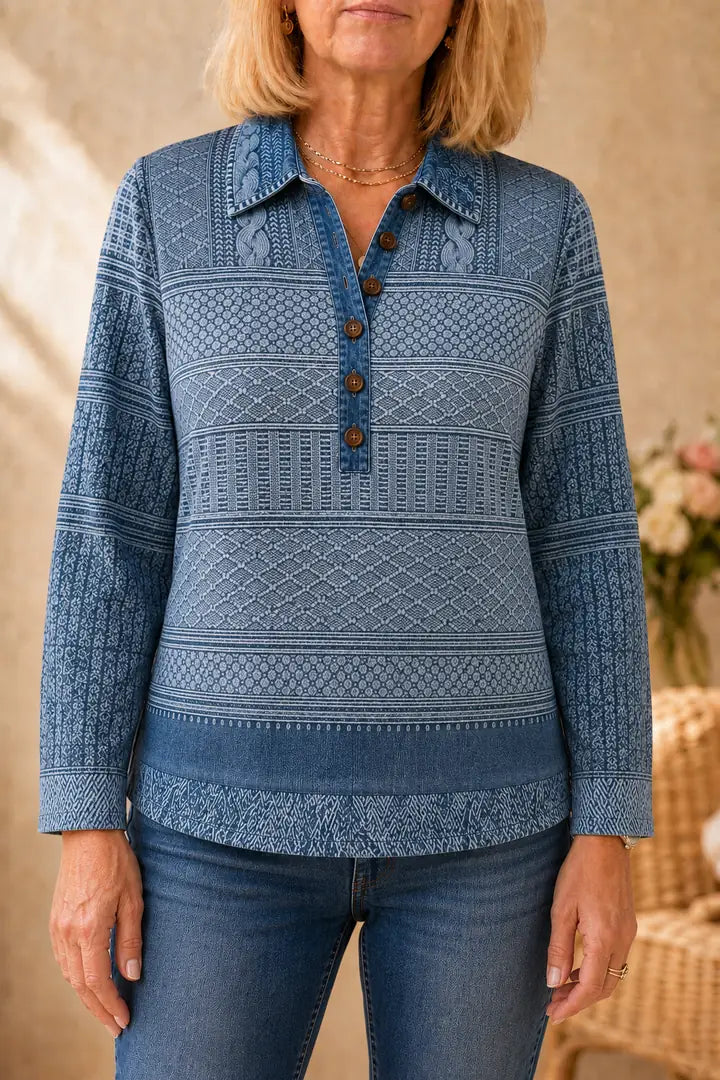 Women's Patchwork Knit Blouse with Denim Collar & Button-Front - Front Full