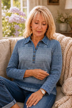 Women's Patchwork Knit Blouse with Denim Collar & Button-Front - Seated Lifestyle