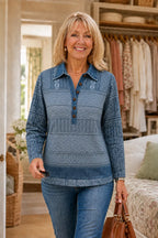 Women's Patchwork Knit Blouse with Denim Collar & Button-Front - Walking Pose