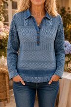 Blue Women's Patchwork Knit Blouse with Denim Collar & Button-Front — Anais