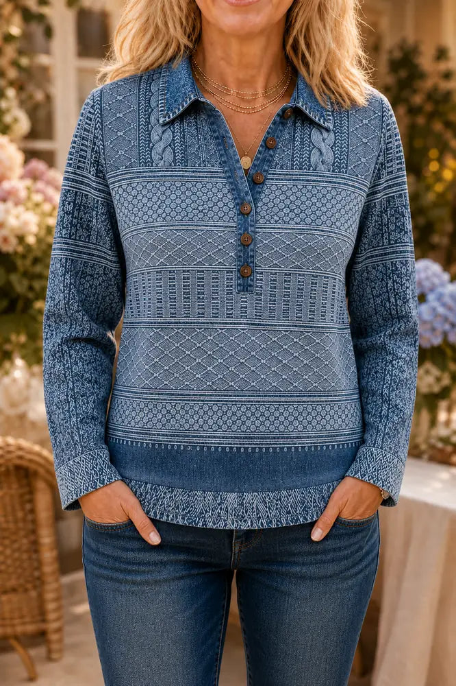 Blue Women's Patchwork Knit Blouse with Denim Collar & Button-Front — Anais