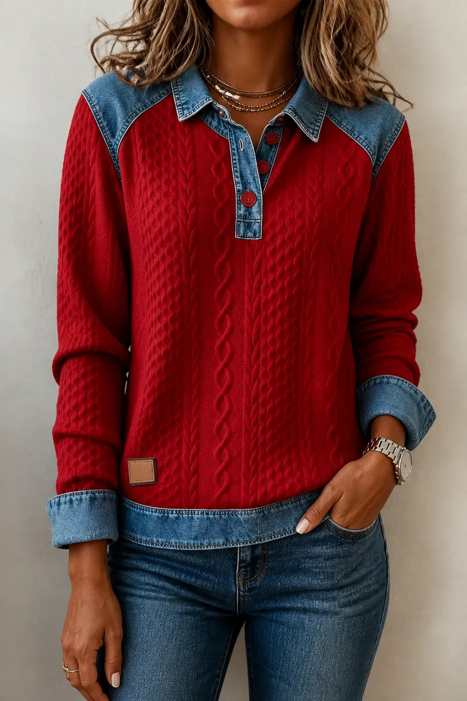 Burgundy Women's Patchwork Knit Blouse with Denim Collar & Button-Front