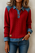 Burgundy Women's Patchwork Knit Blouse with Denim Collar & Button-Front
