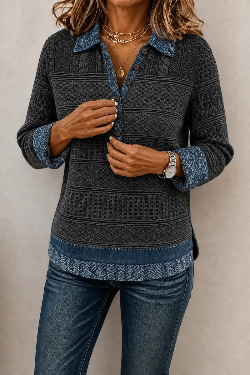 Gray Women's Patchwork Knit Blouse with Denim Collar & Button-Front — Anais