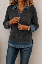 Gray Women's Patchwork Knit Blouse with Denim Collar & Button-Front — Anais