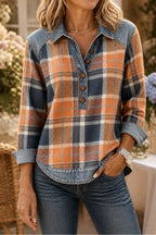 Orange Women's Patchwork Knit Blouse with Denim Collar & Button-Front