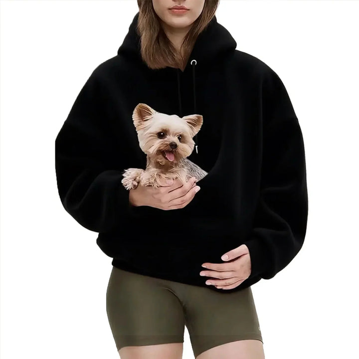 Black Women's Pet Pocket Hoodie with Drawstring Hood & Oversized Fit