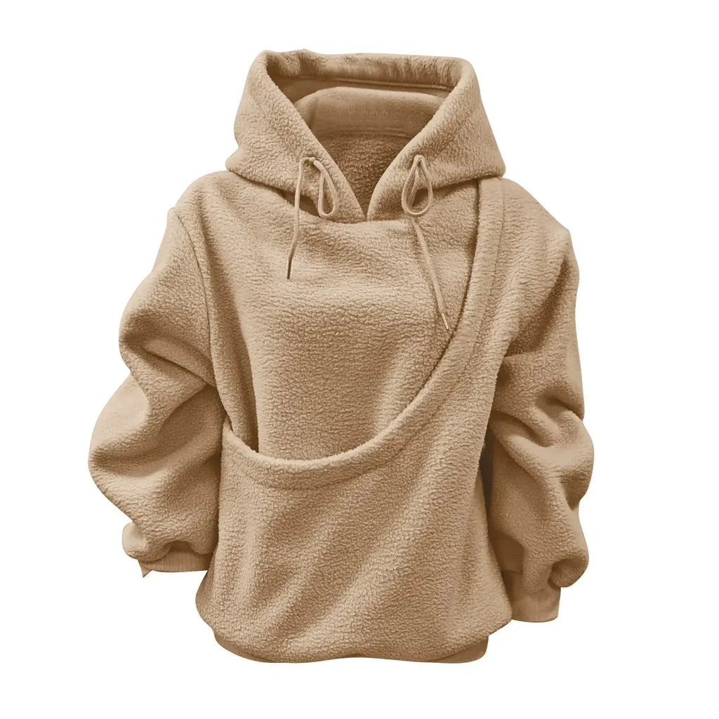 Khaki Women's Pet Pocket Hoodie with Drawstring Hood & Oversized Fit — Anna - Flat Lay Front