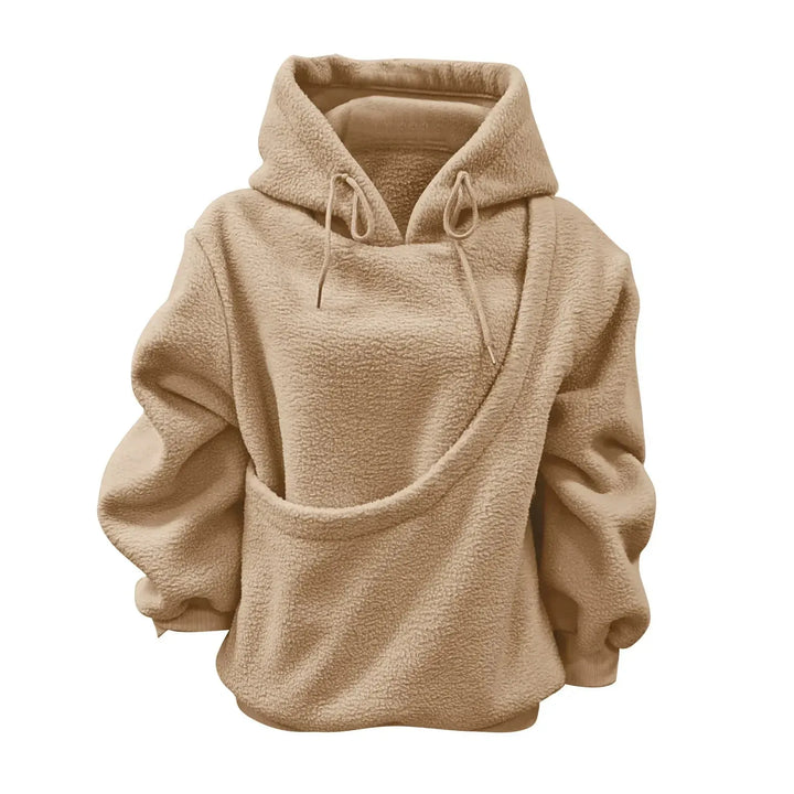 Khaki Women's Pet Pocket Hoodie with Drawstring Hood & Oversized Fit — Anna - Flat Lay Front