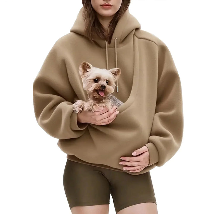 Khaki Women's Pet Pocket Hoodie with Drawstring Hood & Oversized Fit
