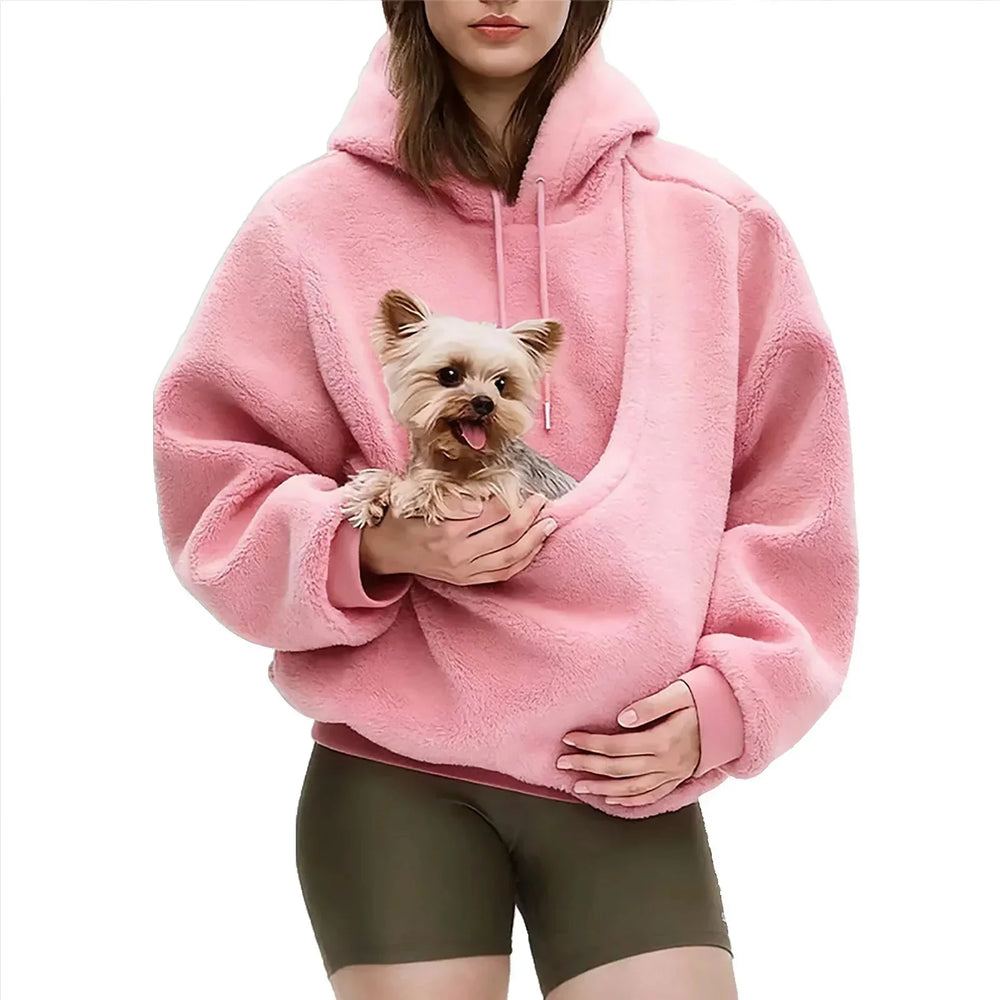 Pink Women's Pet Pocket Hoodie with Drawstring Hood & Oversized Fit