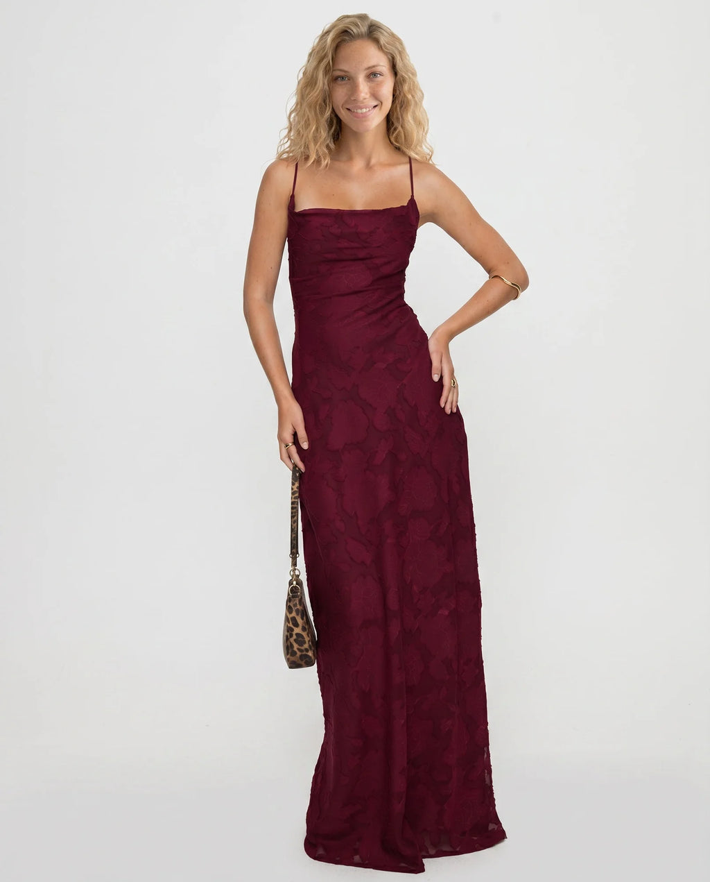 Red Women's Petite Maxi Dress with Cowl Neckline & Lace-Up Open Back - Front Portrait