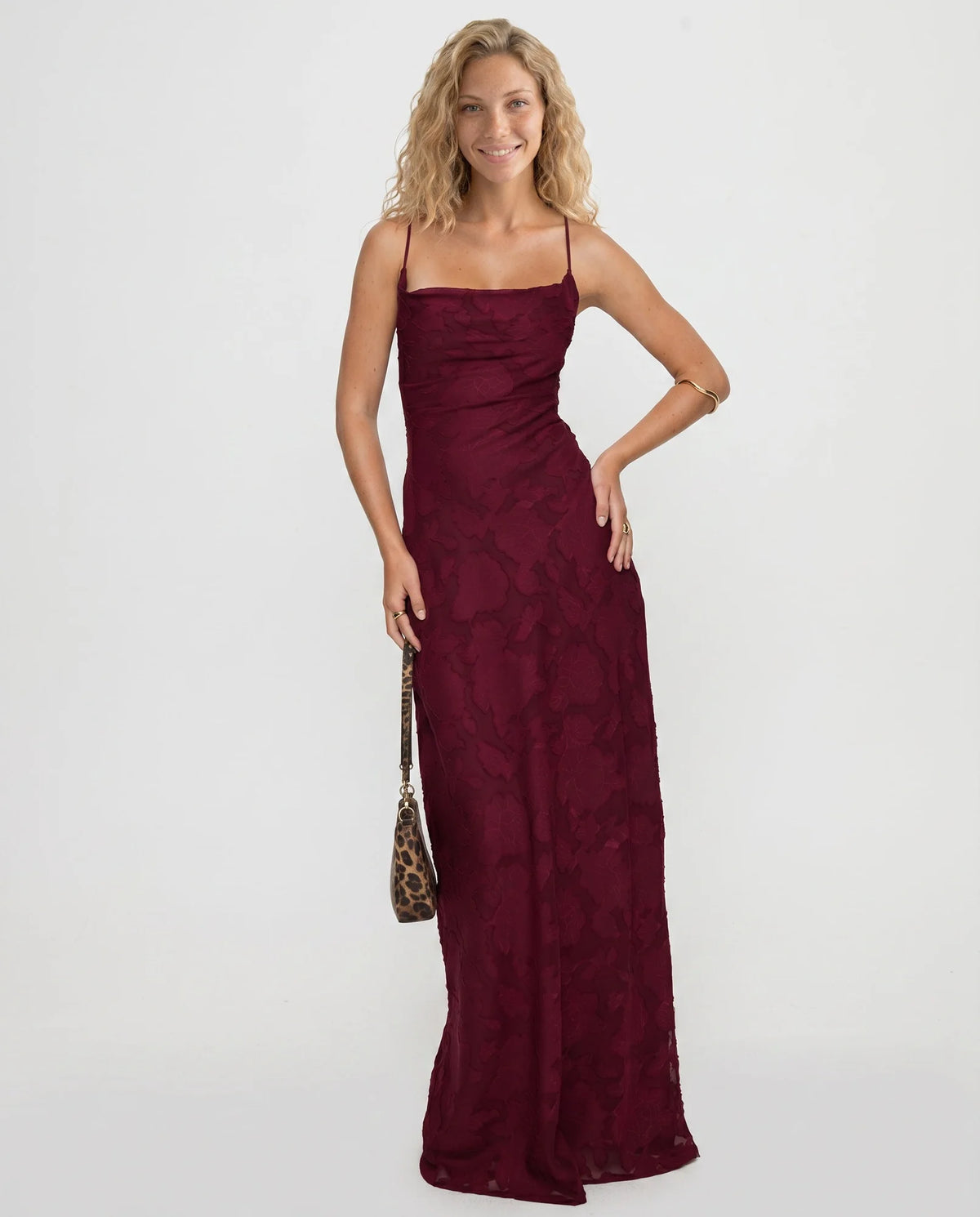Red Women's Petite Maxi Dress with Cowl Neckline & Lace-Up Open Back - Front Portrait