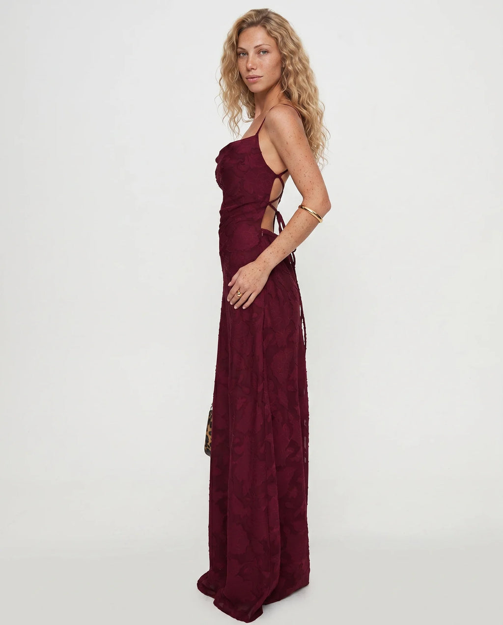 Red Women's Petite Maxi Dress with Cowl Neckline & Lace-Up Open Back - Side Pose