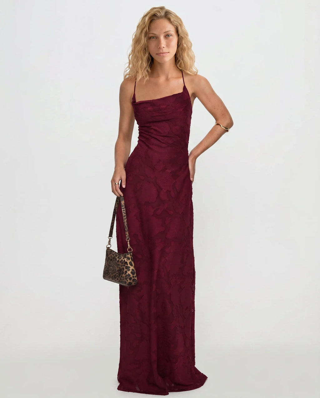 Red Women's Petite Maxi Dress with Cowl Neckline & Lace-Up Open Back