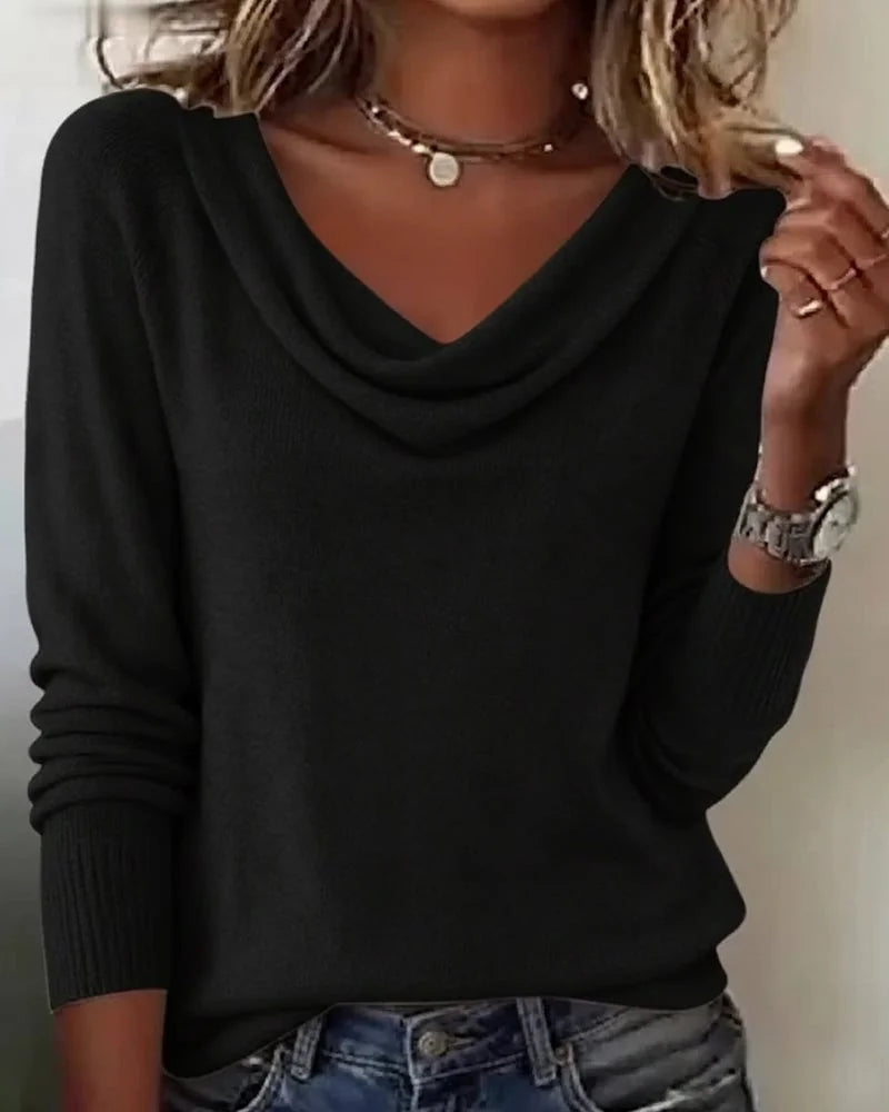 Women's Cowl Neck Collar Sweater with Long Sleeves & Relaxed Fit - Close Up Necklace