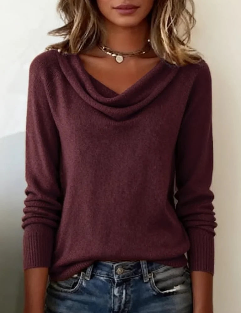 Women's Cowl Neck Collar Sweater with Long Sleeves & Relaxed Fit - Purple Front Torso Closeup