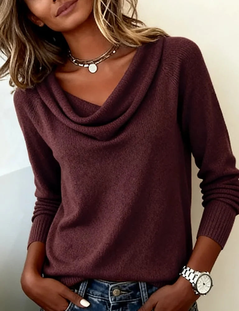 Dark Purple Women's Cowl Neck Collar Sweater with Long Sleeves & Relaxed Fit