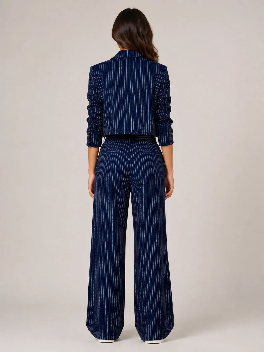 Black Women's Pinstripe Two-Piece Suit with Cropped Blazer & Relaxed Wide-Leg Pants — Beatrice - Back Full Navy