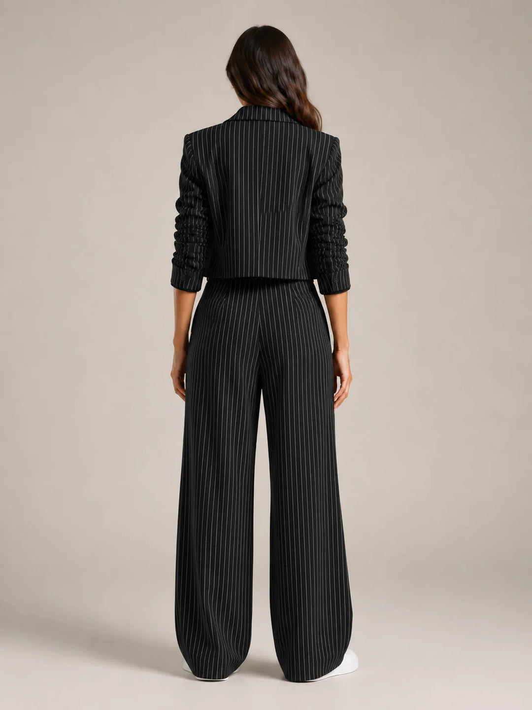 Black Women's Pinstripe Two-Piece Suit with Cropped Blazer & Relaxed Wide-Leg Pants — Beatrice - Back Full