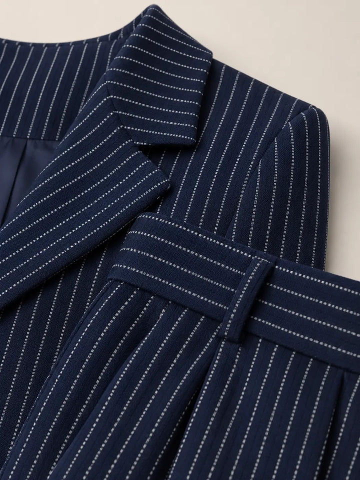 Black Women's Pinstripe Two-Piece Suit with Cropped Blazer & Relaxed Wide-Leg Pants — Beatrice - Fabric Close Up