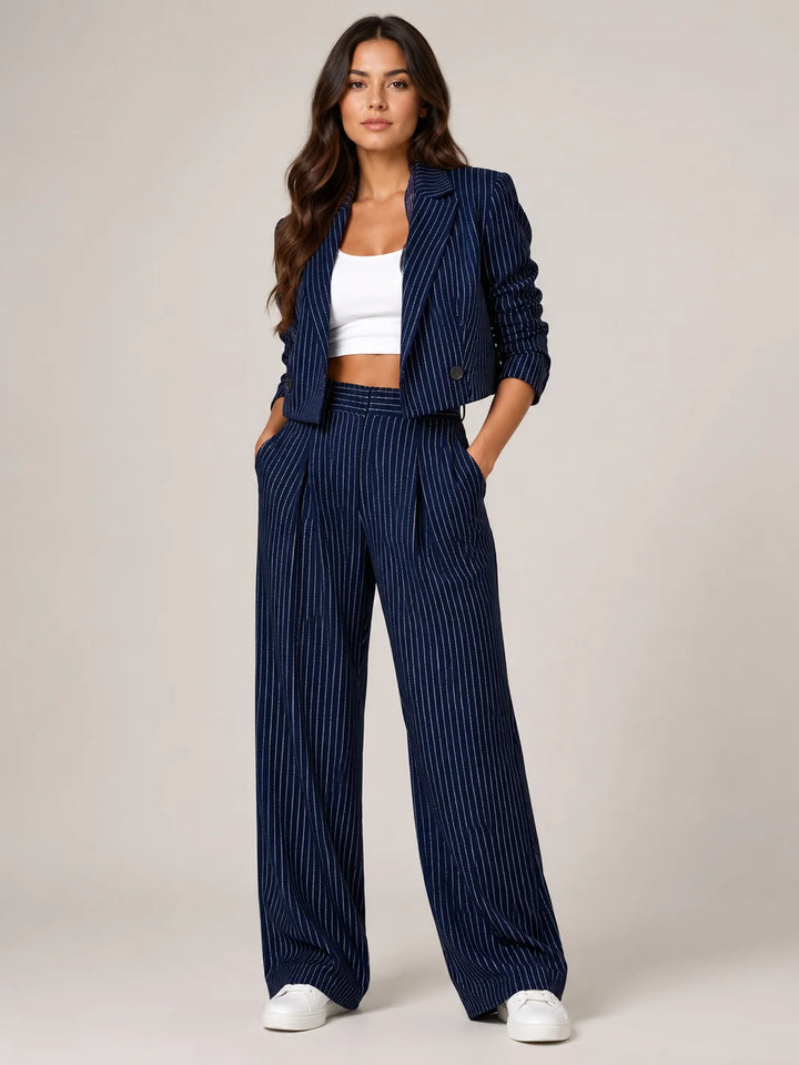 Black Women's Pinstripe Two-Piece Suit with Cropped Blazer & Relaxed Wide-Leg Pants — Beatrice - Front Full Navy