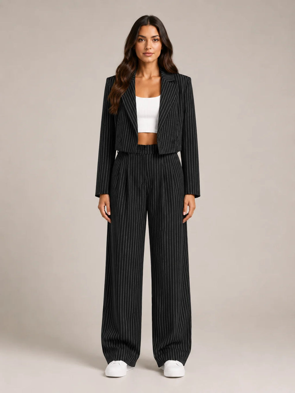 Black Women's Pinstripe Two-Piece Suit with Cropped Blazer & Relaxed Wide-Leg Pants — Beatrice - Front Full Plain