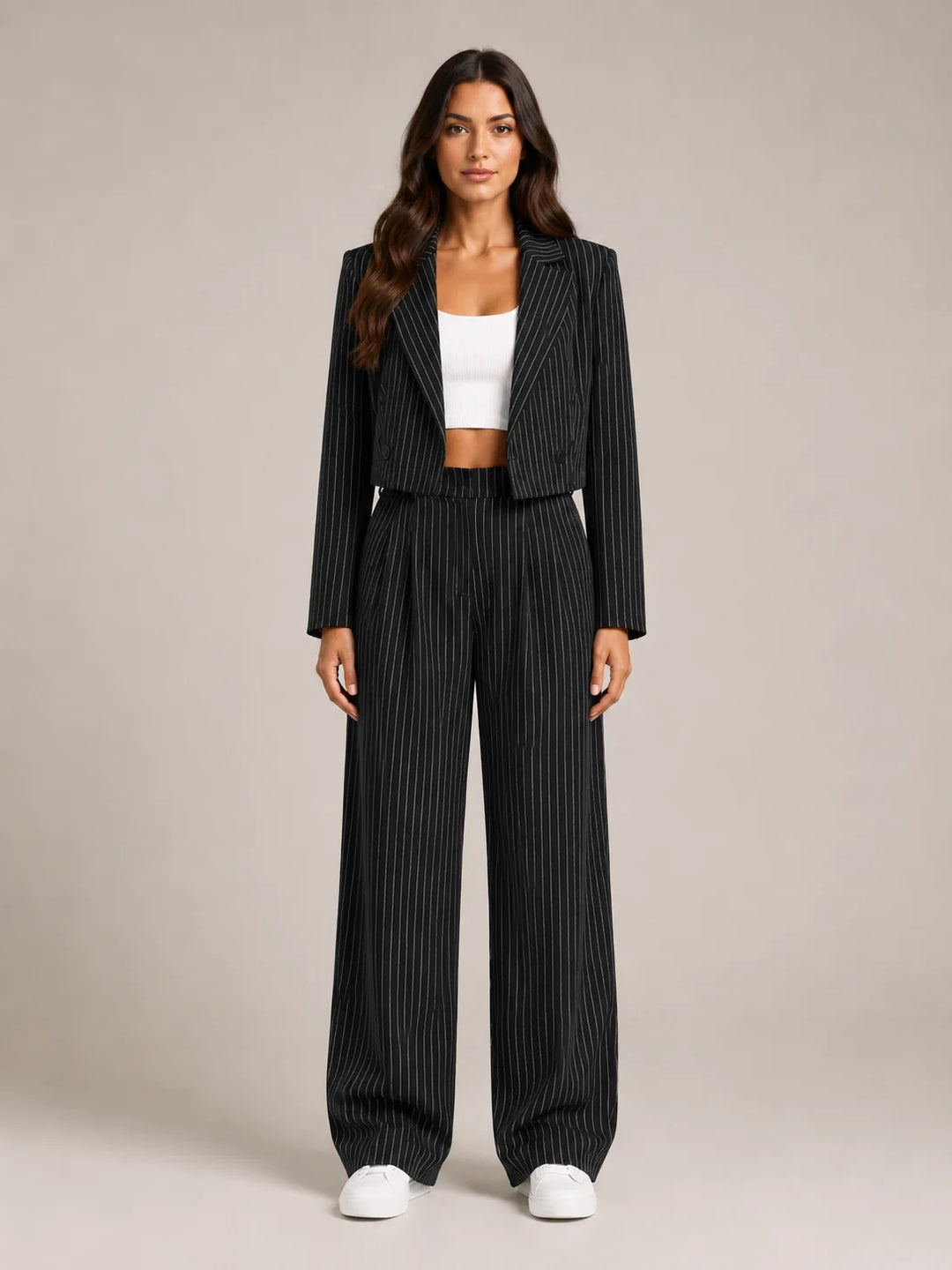 Black Women's Pinstripe Two-Piece Suit with Cropped Blazer & Relaxed Wide-Leg Pants — Beatrice - Front Full Plain