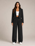 Black Women's Pinstripe Two-Piece Suit with Cropped Blazer & Relaxed Wide-Leg Pants — Beatrice - Front Full Plain