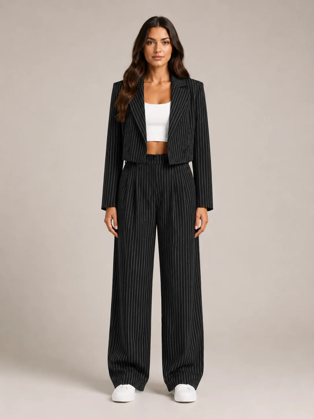 Black Women's Pinstripe Two-Piece Suit with Cropped Blazer & Relaxed Wide-Leg Pants — Beatrice - Front Full Plain