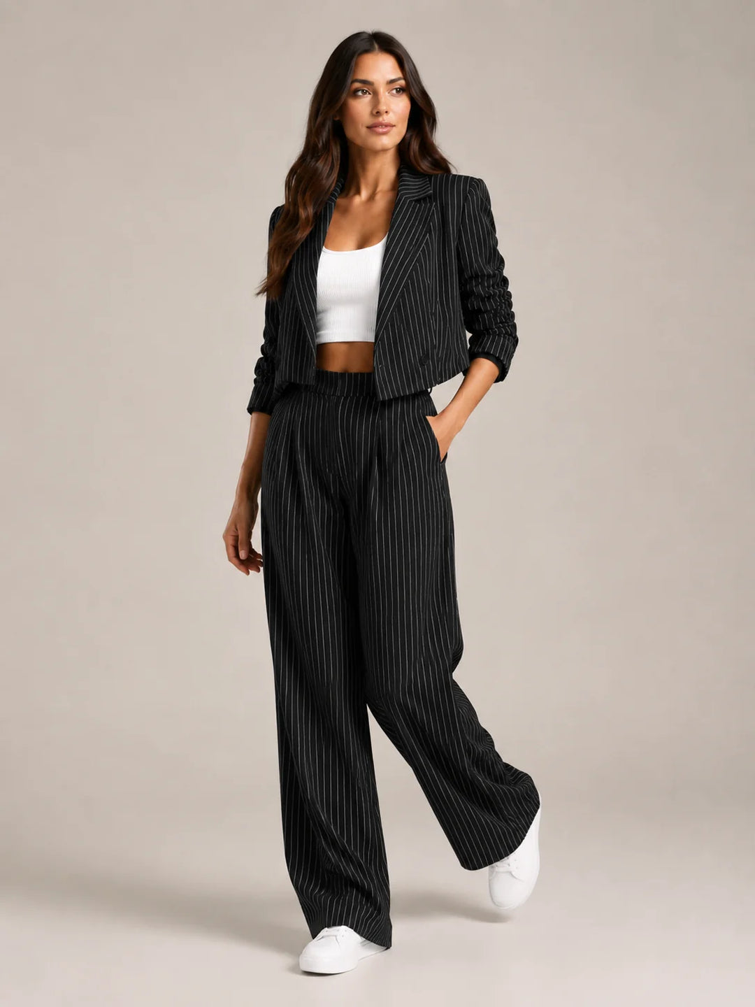 Black Women's Pinstripe Two-Piece Suit with Cropped Blazer & Relaxed Wide-Leg Pants — Beatrice - Front Full Walking