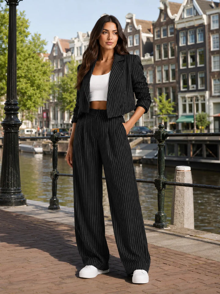 Black Women's Pinstripe Two-Piece Suit with Cropped Blazer & Relaxed Wide-Leg Pants — Beatrice - Outdoor Lifestyle