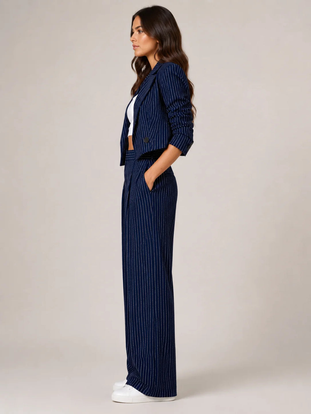 Black Women's Pinstripe Two-Piece Suit with Cropped Blazer & Relaxed Wide-Leg Pants — Beatrice - Side Profile Navy