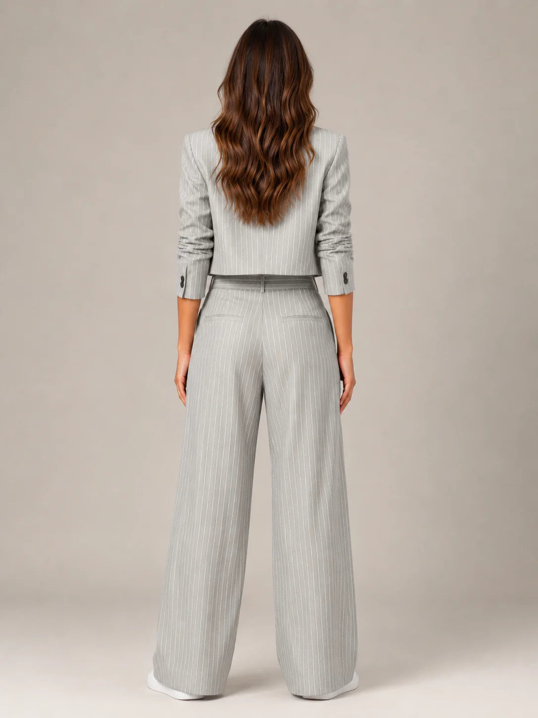 Grey Women's Pinstripe Two-Piece Suit with Cropped Blazer & Relaxed Wide-Leg Pants — Beatrice - Back Full Detail